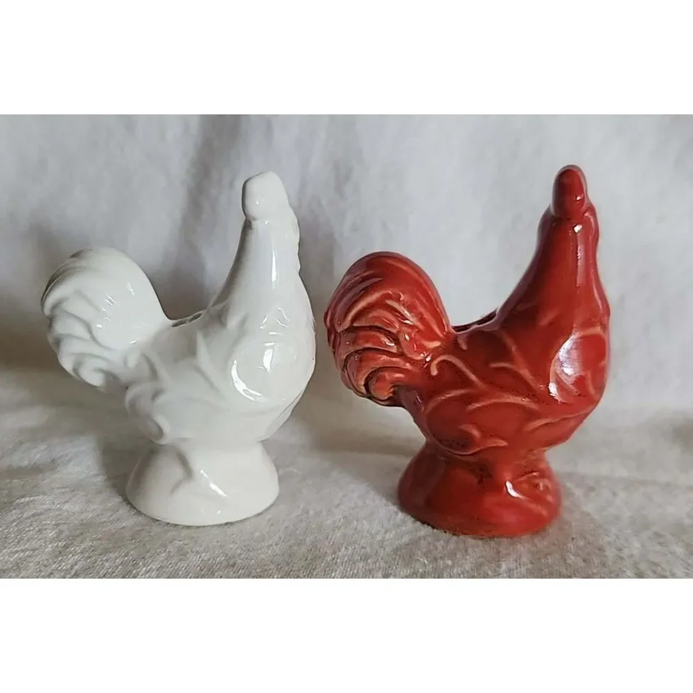 Vintage Hen and Rooster Ceramic Salt and Pepper Shakers Set Red White Pair Small